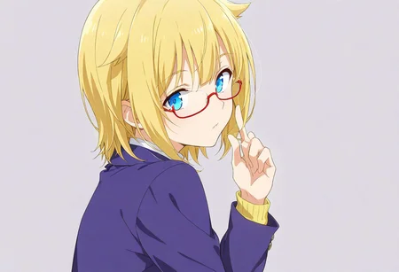 Shinohara Mari, blonde hair, short hair, hair flaps, glasses, red-framed eyewear, semi-rimless eyewear, blue eyes,