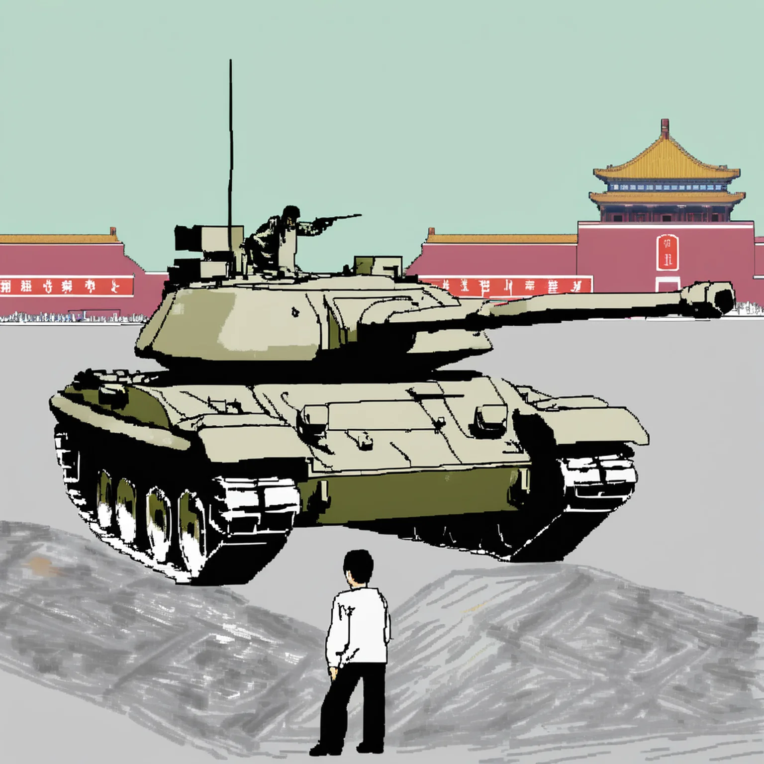 (Tiananmen Square Tank Man), man standing in front of tank, (mspaint, ms paint drawing), (bad quality, bad artist)