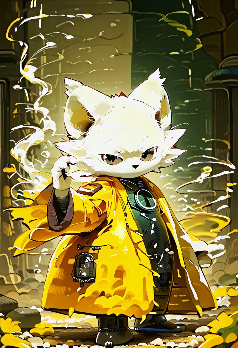 zuppu11, full body, solo, furry, score_9, score_8_up, look at viewer, male focus, no humans, furry male, flux-style, detailed eyes, yi, yellow coat, coat long sleeves, wide sleeves, robe, haori, body suit, white fur, green ring on chest, animal ears, furry, furry male, black eyes, body fur, no mouths, fangs, flx$tyl3