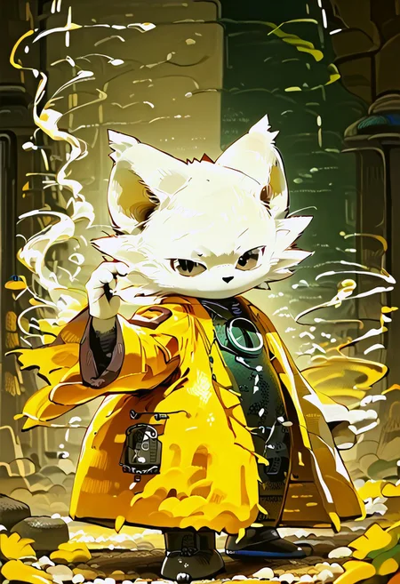 zuppu11, full body, solo, furry, score_9, score_8_up, look at viewer, male focus, no humans, furry male, flux-style, detailed eyes, yi, yellow coat, coat long sleeves, wide sleeves, robe, haori, body suit, white fur, green ring on chest, animal ears, furry, furry male, black eyes, body fur, no mouths, fangs, flx$tyl3