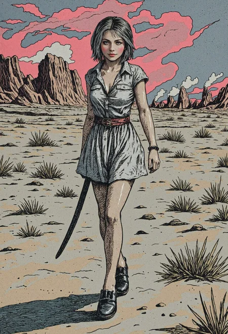 Sword and sorcery full body pointillist etching portraying petite argentinian 1girl, 19yo, with hazel eyes seen performing an iconic walking motion. She has dyed hair and edgy red-pink makeup. She is wearing a punk linen shift dress, completed by mules with metal accents. The look is topped off with earrings. Set in a post-apocalyptic craggy desert landscape, with plumes of smoke in the distance creating a suspenseful atmosphere with plumes of smoke in the background creating a dramatic atmosphere, on a sunny drizzly sunrise in spring. With hard backlighting, vibrant hues, whimsical, heroic, masterpiece, atmospheric