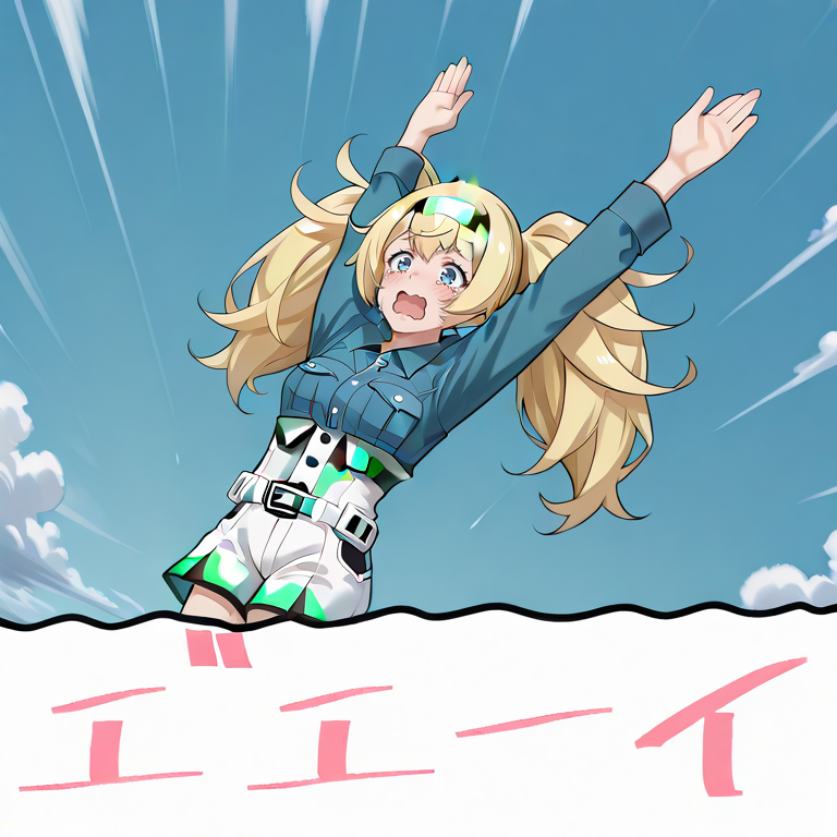 <lora:IL_Hey:1.3>,hs_kn,1girl,solo,hs_kn,dutch angle,jumping,falling from the sky,arms raised in the air,legs together,Japanese text,"ã¨ãã¨ã¼ã¤",open mouth,clouds,gambier bay \(kancolle\),crying,tears,wavy mouth,