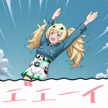 <lora:IL_Hey:1.3>,hs_kn,1girl,solo,hs_kn,dutch angle,jumping,falling from the sky,arms raised in the air,legs together,Japanese text,"ã¨ãã¨ã¼ã¤",open mouth,clouds,gambier bay \(kancolle\),crying,tears,wavy mouth,