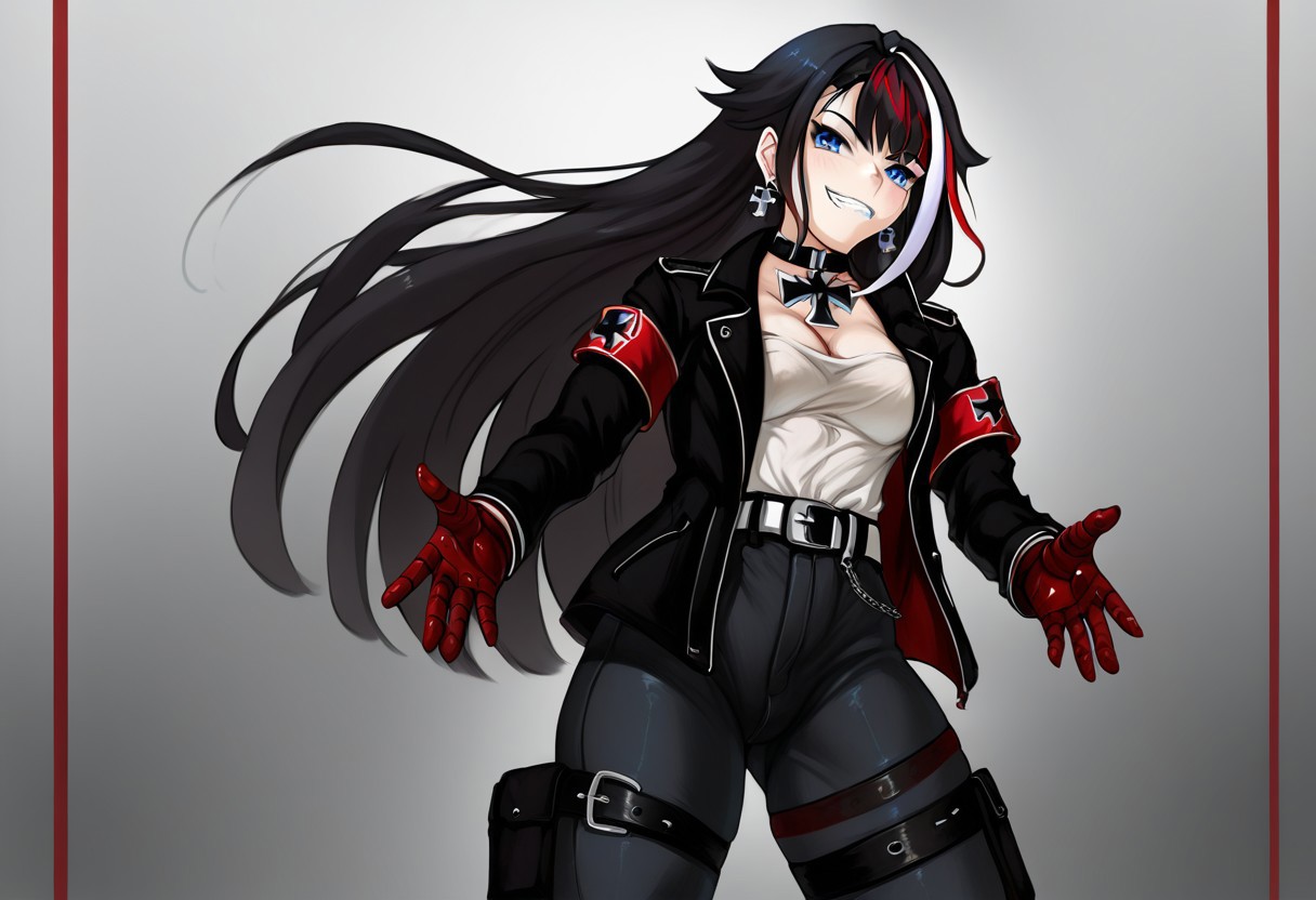 score_9, score_8_up, best quality, seraziel, Black Hair, Long hair, Streaked Hair, Multicolored Hair, Blue Eyes, slit pupils, 1girl, very aesthetic, masterpiece, 8k, black miniskirt, thighs, thick thighs, deutschland, iron blood \(emblem\), military clothes, military uniform, camo pants, belt, belt bucle, white shirt, german jacket, 1 red armband, (goth:0.9), eyeliner, colored inner hair, blue colored inner hair, choker, iron cross choker, iron cross, cross earrings, iron cross earrings, five fingers, perfect hands, ultra-detailed, aesthetic, illustration, intricate details, absurdres, (hires textures: 1.4), (best quality, high detail:1.4), (incredibly detailed:1.4), detailed face, perfect skin, perfecteyes, solo, (muscular female:0.6), (athletic body:0.8), five fingers, perfect hands, solo, smug, street, outdoor,