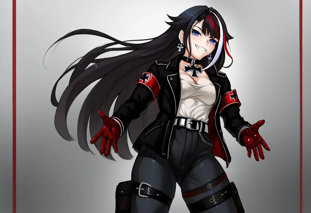 score_9, score_8_up, best quality, seraziel, Black Hair, Long hair, Streaked Hair, Multicolored Hair, Blue Eyes, slit pupils, 1girl, very aesthetic, masterpiece, 8k, black miniskirt, thighs, thick thighs, deutschland, iron blood \(emblem\), military clothes, military uniform, camo pants, belt, belt bucle, white shirt, german jacket, 1 red armband, (goth:0.9), eyeliner, colored inner hair, blue colored inner hair, choker, iron cross choker, iron cross, cross earrings, iron cross earrings, five fingers, perfect hands, ultra-detailed, aesthetic, illustration, intricate details, absurdres, (hires textures: 1.4), (best quality, high detail:1.4), (incredibly detailed:1.4), detailed face, perfect skin, perfecteyes, solo, (muscular female:0.6), (athletic body:0.8), five fingers, perfect hands, solo, smug, street, outdoor,