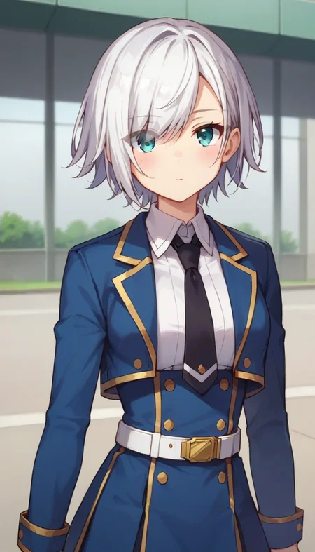 score_9,score_8_up,score_7_up,score_6_up BREAK official art,1girl,solo,outdoors,upper body,(portrait:1.5),looking at viewer,facing viewer,expressionless,blush,Mind Control Squadmate 1,short hair,white hair,hair over one eye,side swept bangs,aqua eyes,blue jacket,cropped jacket,open jacket,wing collar,short necktie,black necktie,white shirt,collared shirt,dress shirt,long sleeves,medium breasts,double-breasted,white belt,blue skirt,high-waist skirt,pleated skirt,frilled skirt,loafers,black socks,black footwear,<lora:Mind Control Squadmate 1(sgmt)-Pony:1.1>,
