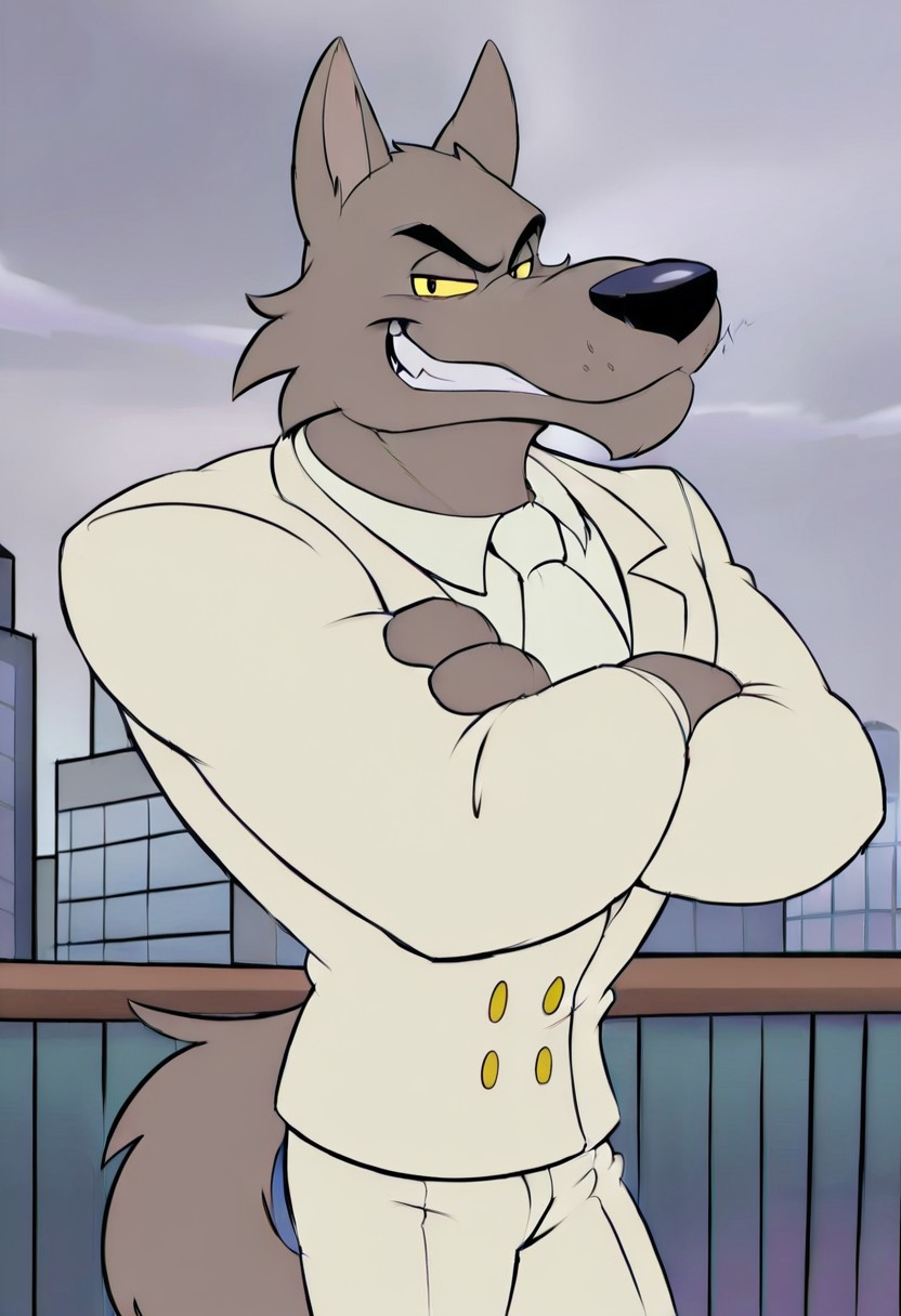 score_9, score_8_up, score_7_up, solo, male, furry, anthro, Ftpdwolf, Big Bad Wolf, wolf, cream suit, cream pants, white undershirt, front view, looking at viewer, head to the side, crossed arms, smirk, quarter body shot, outside, city, buildings, overcast sky