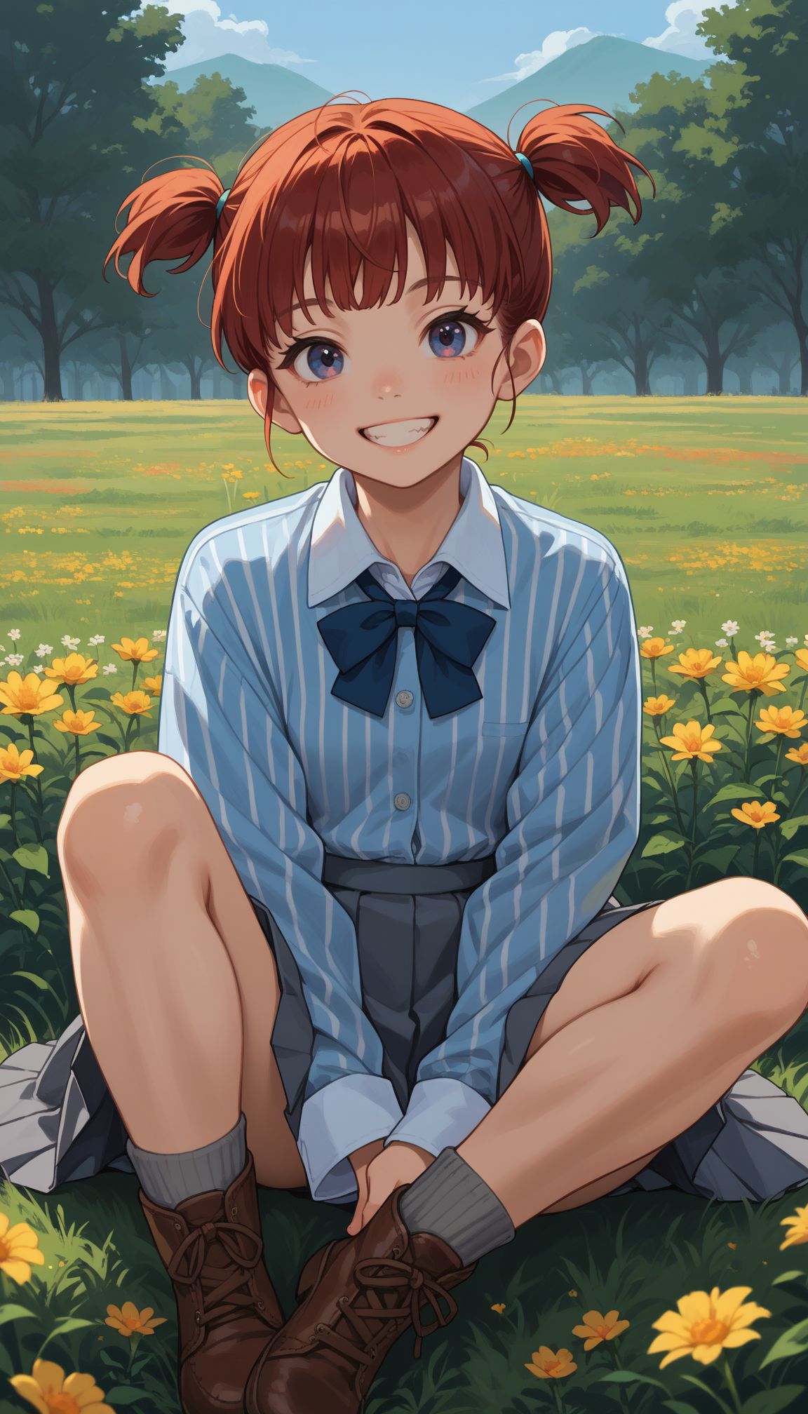 score_9, score_8_up, score_7_up, score_6_up, 
 <lora:Mikko (Girls Und panzer):1> , outdoor, flower field, grass
keizoku school uniform, 1girl, vertical stripes, vertical-striped shirt, smile, miniskirt, dress shirt, pleated skirt, grey skirt, short twintails, sitting, blue shirt, ankle boots, hair tie, , long sleeves, grin, grey socks, short hair, white shirt, simple background, red hair, blue footwear, wing collar black footwear