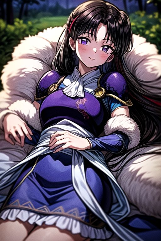 best quality 1girl Setsun4 solo long hair,  (night time) forest background black hair very long hair purple eyes multicolored hair armor, small, (fur trim) (medium body),<lora:EMS-179-EMS:0.800000>,<lora:EMS-293862-EMS:0.800000> bow, hair_bow, hair_tubes, red_bow, brown_hair, long_hair, bangs, ascot, frilled_bow, yellow_ascot, blush, smile, hair_between_eyes, athletic, armor, miko, ,(((intricate outfit,intricate clothes,embroidered outfit,ornate outfit,embroidered clothes,ornate clothes))), laying down, lying down