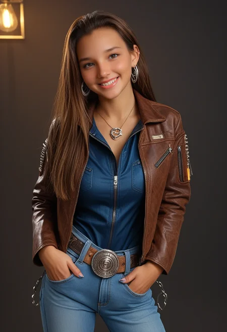 best quality, masterpiece, absurdres, newest, solo,
<lora:CL_Model_SDXL:0.9> 1 woman, cl_m0d3l, long hair, straight hair, eyelashes, lips, brown eyes, brown hair, jewelry, earrings, necklace, smile, teeth, looking at viewer, cowboy shot,
Cyberpunk jacket, neon jacket, jeans, turtleneck shirt, cyborg, belt,
Cyberpunk, city scenery,