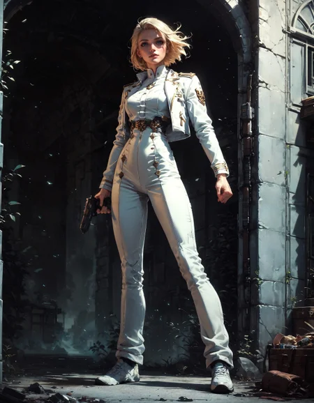 score_9, score_8_up, score_7_up, score_6_up, score_5_up, score_4_up,  1girl, full body, standing, legs apart, white pants, white shoes, holding gun, aiming, aiming at viewer, finger on trigger, two handed, FBI agent, blonde hair, short hair, posing, female focus, white suit, white uniform, solo, perfect female body, perfect eyes, posing for magazine, shiny skin, golden trim