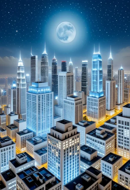 night, dark muted azure pale cloud lumened by bright moon, skyscrapers with white frequent square windows; shades of skyscraper windows: light blue, The roofs of skyscrapers are dark squares or illuminated with a dim blue border, far focus, twinkling windows and stars, brilliant coloring, crispy quality, vray; Pixar, ; HD, HDR, SF, CGSociety, 16k, photorealistic, unreal engine