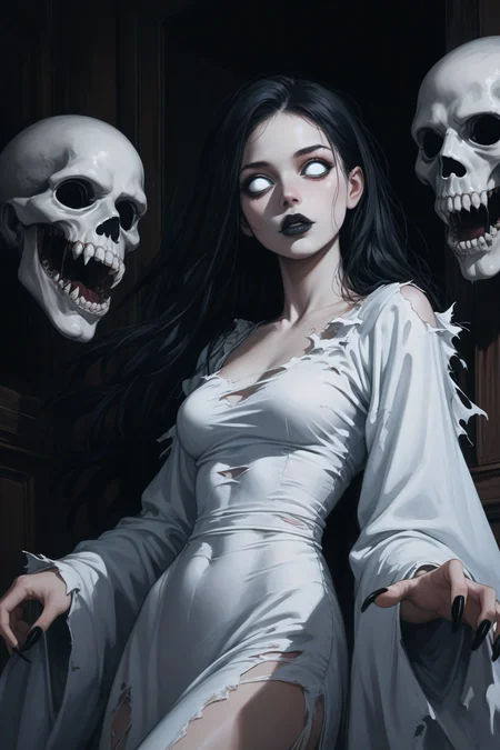 score_9, score_8_up, score_7_up, score_6_up, score_5_up, score_4_up, <lora:Banshee-PonyXL-lora-Faxtron:1> banshee, 1girl, blank eyes, long hair, medium breasts, pale skin, black lips, long fingernails, black fingernails, white dress, long sleeves, wide sleeves, torn clothes, horror \(theme\),