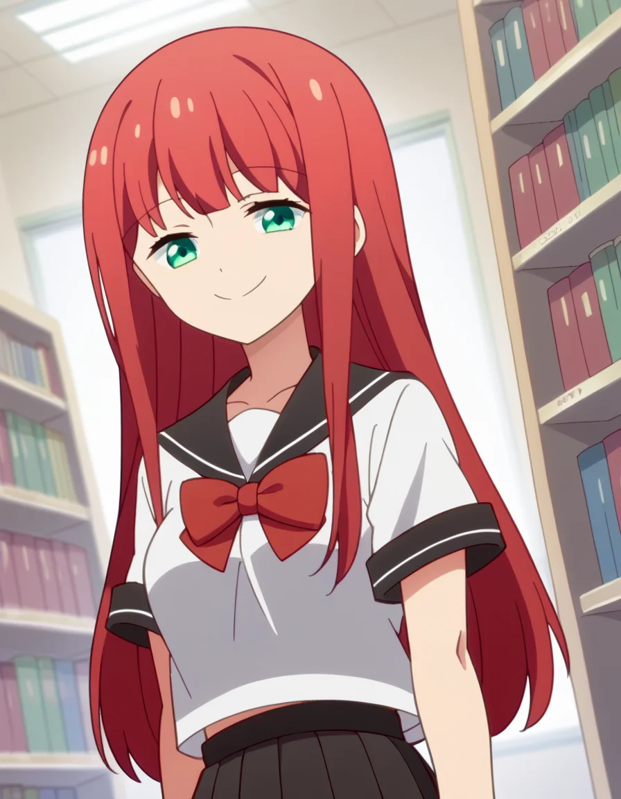 score_9, score_8_up, score_7_up, source_anime, <lora:yuki-minagawa-s1-ponyxl-lora-nochekaiser:1>, yuki minagawa, long hair, bangs, green eyes, red hair, medium breasts, anime screencap, skirt, school uniform, serafuku, black skirt, pleated skirt, red bowtie, black sailor collar, white shirt,, bookstore, browsing shelves, new book smell, finding a favorite, quiet atmosphere, , <lora:seductive-smile-ponyxl-lora-nochekaiser:1>, seductive smile, come hither, naughty face,, looking at viewer, solo,, dutch angle, cowboy shot