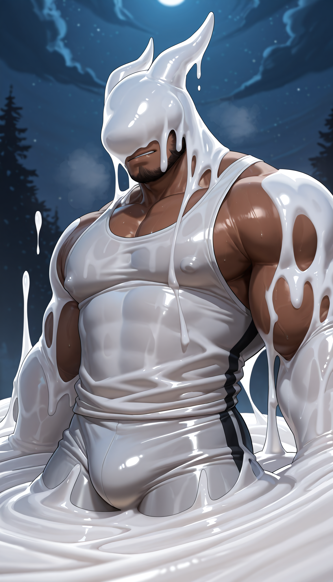 male focus,facial hair,solo,muscular,(detailed eyes:1.2, detailed face, nice eyes),(head covered by slime dragon,white goo),dark-skinned male,steaming body,bodysuit,tank top,night,<lora:takahirosi-14:0.9>,