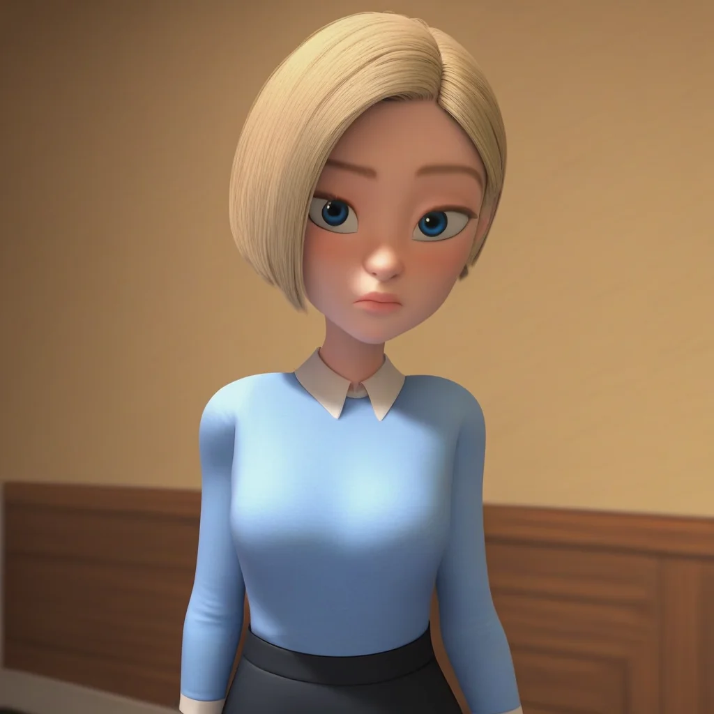 venus body, short straight hair, light blonde hair, tight black skirt, full body, long-sleeved pastel blue sweater, Lucy_HI, flat black shoes, tall stature, light blonde eyebrows, medium breasts, standing, Solo, blue eyes, long white socks, in a room, Score_9, light skin, 1girl
