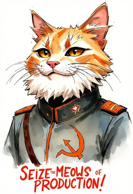 Watercolor painting of Karl Marx as a cat with a soviet era officers uniform. Text on screen in red bold font "Seize the meows of production!"
