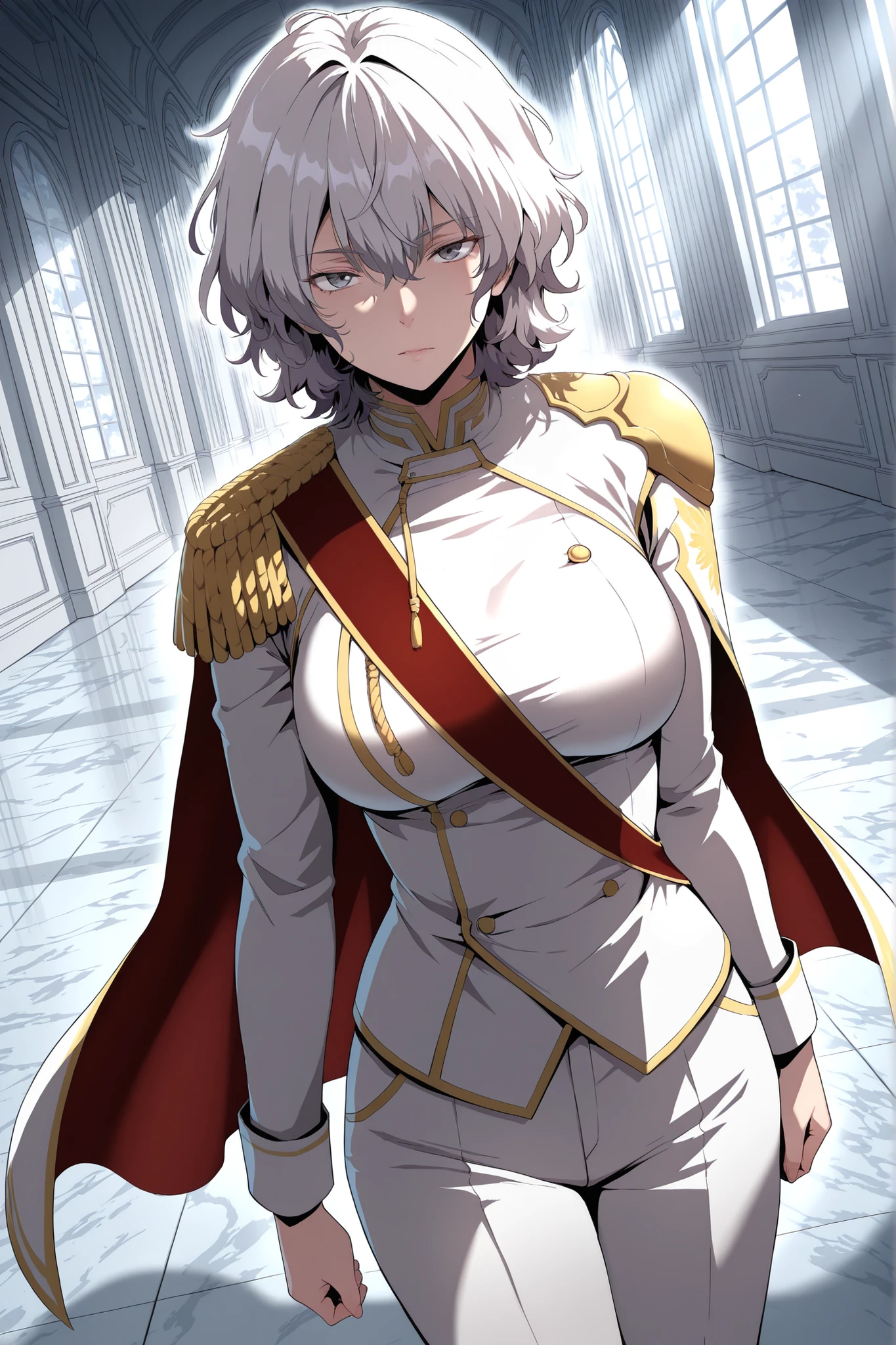 masterpiece, best quality, ultra-detailed, absurdres, newest, (mature female),
1girl, solo, varayaurae, white hair, short hair, messy hair, bangs, grey eyes, white military uniform, gold trim, epaulettes, red sash, red cape, white pants, large breasts,cold face, foreshortening, dutch angle, looking at viewer, straight posture, commanding presence, hands at sides, standing indoors, marble floor, ambient sunlight through tall windows, soft shadows, noble and poised expression, painterly aesthetic, polished detail