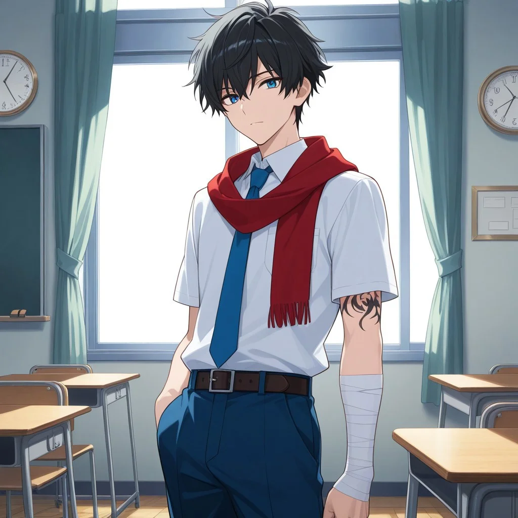 score_9, score_8_up, score_7_up, score_6_up, highly detailed, masterpiece, best quality, detailed, intricate details, amazing quality, best aesthetic, absurdres, source_anime, male focus, 1boy, red scarf, school uniform, blue necktie, blue pants, white shirt, bandaged arm, black hair, blue eyes, male focus, tattoo, short hair, Classroom, blackboard, desk, chair, window, curtain, clock, masterpiece, best quality, ultra-detailed, illustration, an extremely delicate and beautiful, beautiful detailed eyes,unity 8k wallpaper, high resolution, anime CG, official_art,