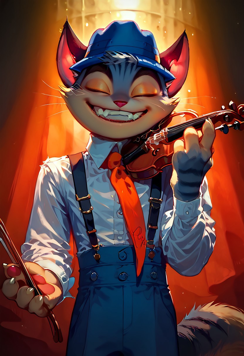 score_9, score_8_up, score_7_up, nsfw, Rocky, Rocky Rickaby, blue eyes, striped fur, striped, pointed ears, eyebrows, smiling, yellow markings, grey body, grey fur, tail, long tail, blue sclera, black ears, cat ears, black cat ears, (male anthro cat:1.3), furry anthro, ((solo)),
blue pants, blue baggy trousers, blue hat, blue fedora, suspenders, white collared shirt, white shirt, blue suit, orange tie, 
eyes closed, hands, clothed, front, seductive pose, smile, looking at viewer, standing, holding violin, playing violin,
inside, on stage, speakeasy, band, spotlight, ambient light, shadows, cinematic, 1920's esthetic,