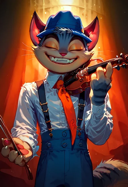 score_9, score_8_up, score_7_up, nsfw, Rocky, Rocky Rickaby, blue eyes, striped fur, striped, pointed ears, eyebrows, smiling, yellow markings, grey body, grey fur, tail, long tail, blue sclera, black ears, cat ears, black cat ears, (male anthro cat:1.3), furry anthro, ((solo)),
blue pants, blue baggy trousers, blue hat, blue fedora, suspenders, white collared shirt, white shirt, blue suit, orange tie,
eyes closed, hands, clothed, front, seductive pose, smile, looking at viewer, standing, holding violin, playing violin,
inside, on stage, speakeasy, band, spotlight, ambient light, shadows, cinematic, 1920's esthetic,