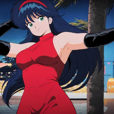 <lora:KOR_MadokaAyukawaXLIllustrious002>,
masterpiece,best quality,good quality,newest,
outdoors,
smile,
looking at viewer,
solo,
MadokaAyukawa,1girl,blue hair,long hair,green eyes,
breasts,
red hairband,formal,red dress,sleeveless,elbow gloves,black gloves,
