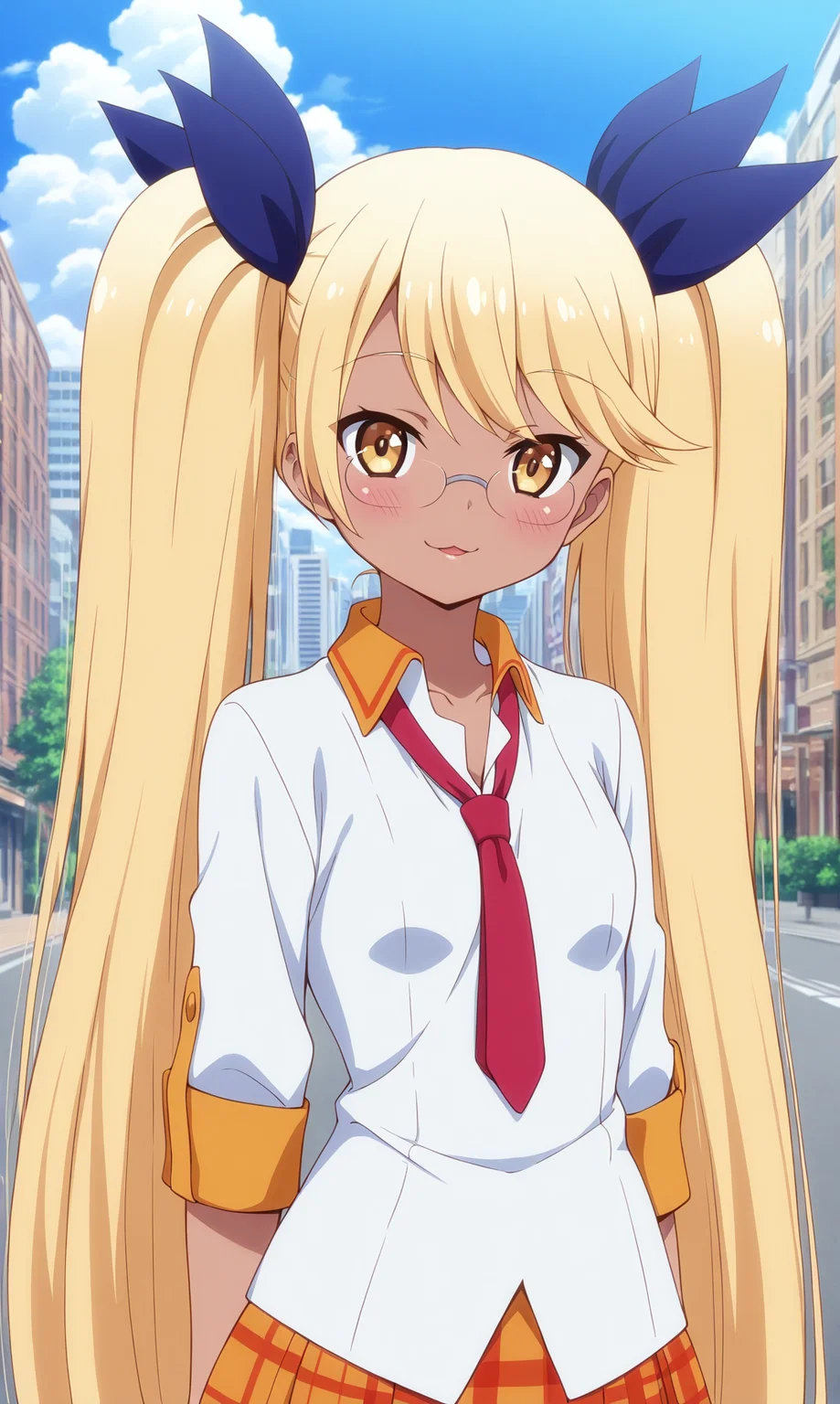 masterpiece, best qualify, zzRetoree, 1girl, solo, necktie, looking at viewer, long hair, blonde hair, twintails, glasses, :3, very long hair, shirt, yellow eyes, ribbon, upper body, red necktie, hair ribbon, smile, blush, small breasts, skirt, white shirt, school uniform, collared shirt, closed mouth, outdoors, parted lips, rimless eyewear, breasts, city, street, dark skin, dark-skinned female,