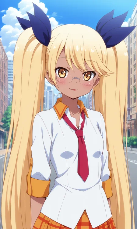 masterpiece, best qualify, zzRetoree, 1girl, solo, necktie, looking at viewer, long hair, blonde hair, twintails, glasses, :3, very long hair, shirt, yellow eyes, ribbon, upper body, red necktie, hair ribbon, smile, blush, small breasts, skirt, white shirt, school uniform, collared shirt, closed mouth, outdoors, parted lips, rimless eyewear, breasts, city, street, dark skin, dark-skinned female,