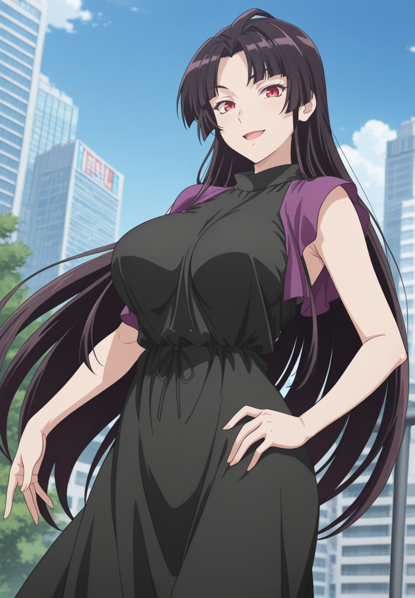 zPDXL3, score_9_up, score_8_up, score_7_up, ,Masterpiece,(perfect female body:1.2), small waist, (incredibly detailed:1.4), beautiful fingers, (large breasts:1.2) big breasts,  looking at viewer, looking at viewer, <lora:Wridra_-_Nihon_e_Youkoso_Elf-san-Kaleid_Illustrious:1> wridra_nye, 1girl, long hair, red eyes, black hair,  black dress, sleeveless, smile, open mouth, outdoors, city
