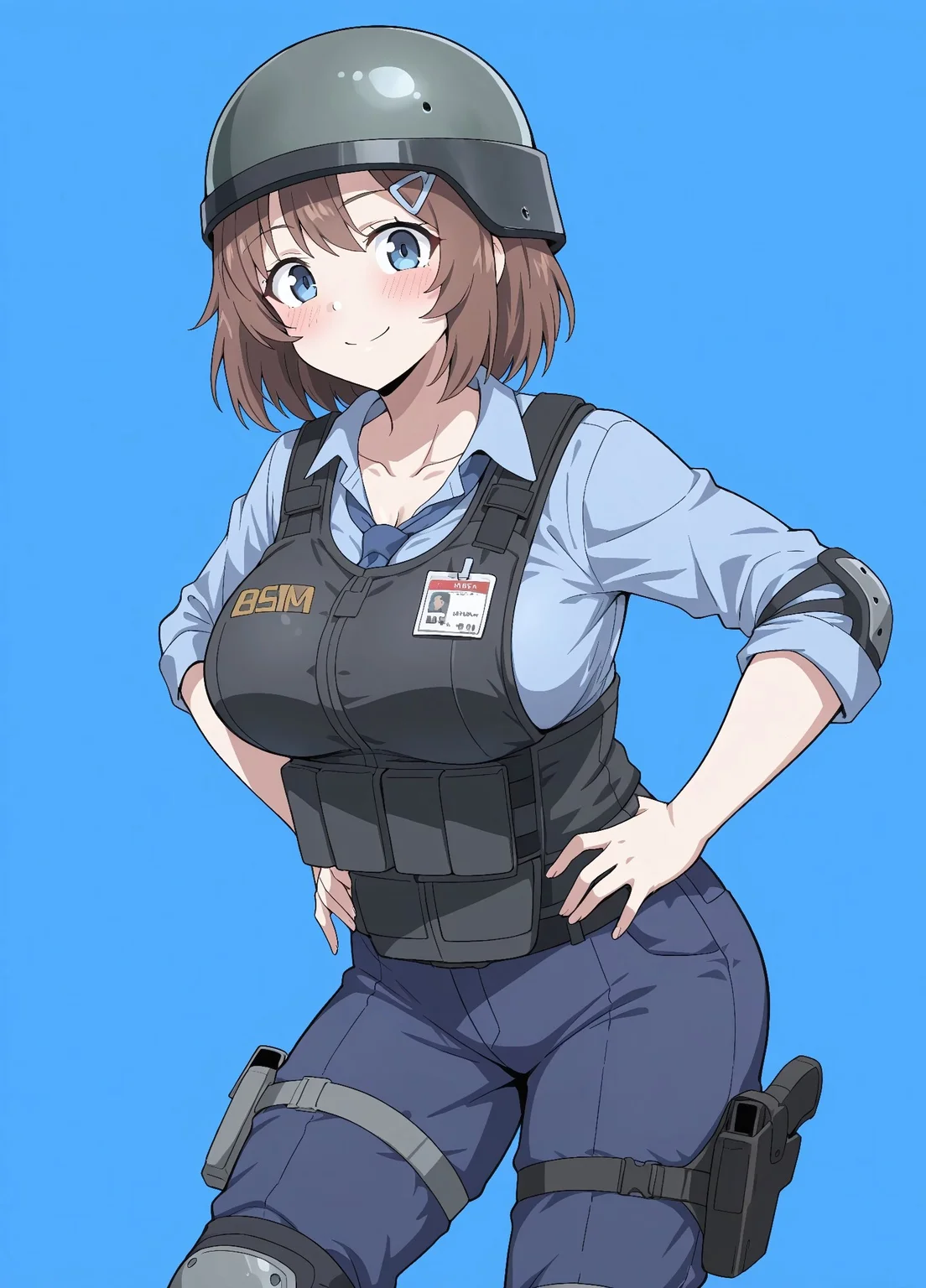 unholy-aesthetic, masterpiece, best quality, amazing quality, absurdres, 

1girl, brown hair, hair ornament, large breasts, short hair, blue eyes, collarbone

bm_sg, helmet, blue shirt, collared shirt, necktie, blue necktie, black vest, bulletproof vest, blue pants, knee pads, holster, boots,

smile, standing, hands on the hips, cowboy shot, looking at viewer, standing, blush, simple background, blue background, 