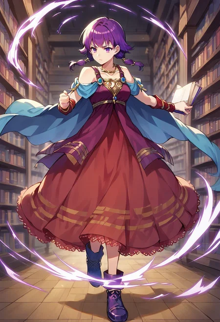 1girl, solo, alone, score_9, score_8_up, score_7_up, masterpiece, high quality, source_anime, very detailed, 

LuteFE, purple hair, short hair, low twintails, purple eyes, CFit, necklace, jewelry, red dress, sleeveless dress, skirt, bare shoulders, blue cape, arm warmers, purple boots, purple footwear,

full body, facing forward, 

indoors, library, old study, action pose, dynamic pose, holding book, magic,