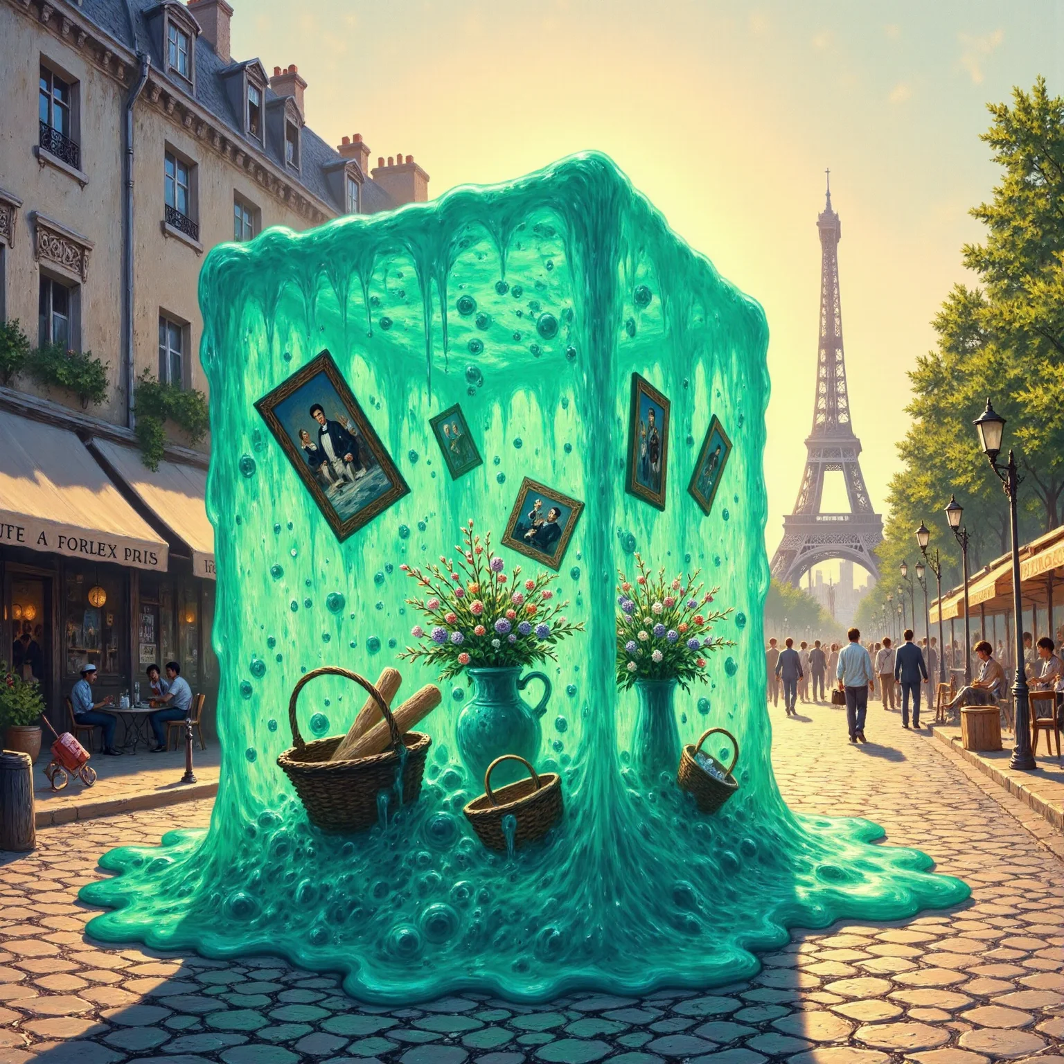 famous artwork, atmospheric and detailed impressionist painting of a large translucent cyan gelatinous cube in the heart of paris, its shimmering gooey surface softly reflecting the colors of the city, the cube is oozy and shifting as it curiously explores the cobblestone streets of the big city, it has engulfed several objects like paintings, a basket with baguettes, and a vase with wildflowers, all of which can be seen floating and slowly dissolving in its acidic gel, creating tiny bubbles around them, iconic parisian buildings like cafés and art galleries line the streets around the cube, a soft golden sunlight filters through the trees, casting dappled light on the scene, the distant eiffel tower looms gently in the background, blending into the hazy impressionist style, the atmosphere is dreamy and whimsical, with soft brushstrokes capturing the fluid movement of the cube and the vibrant energy of the city, highly detailed background, <lora:gelatinous_cube-flux-by_oneviolentgentleman:0.8> <lora:style-eldritch_impressionism-flux-by_eldritchadam:1.0>