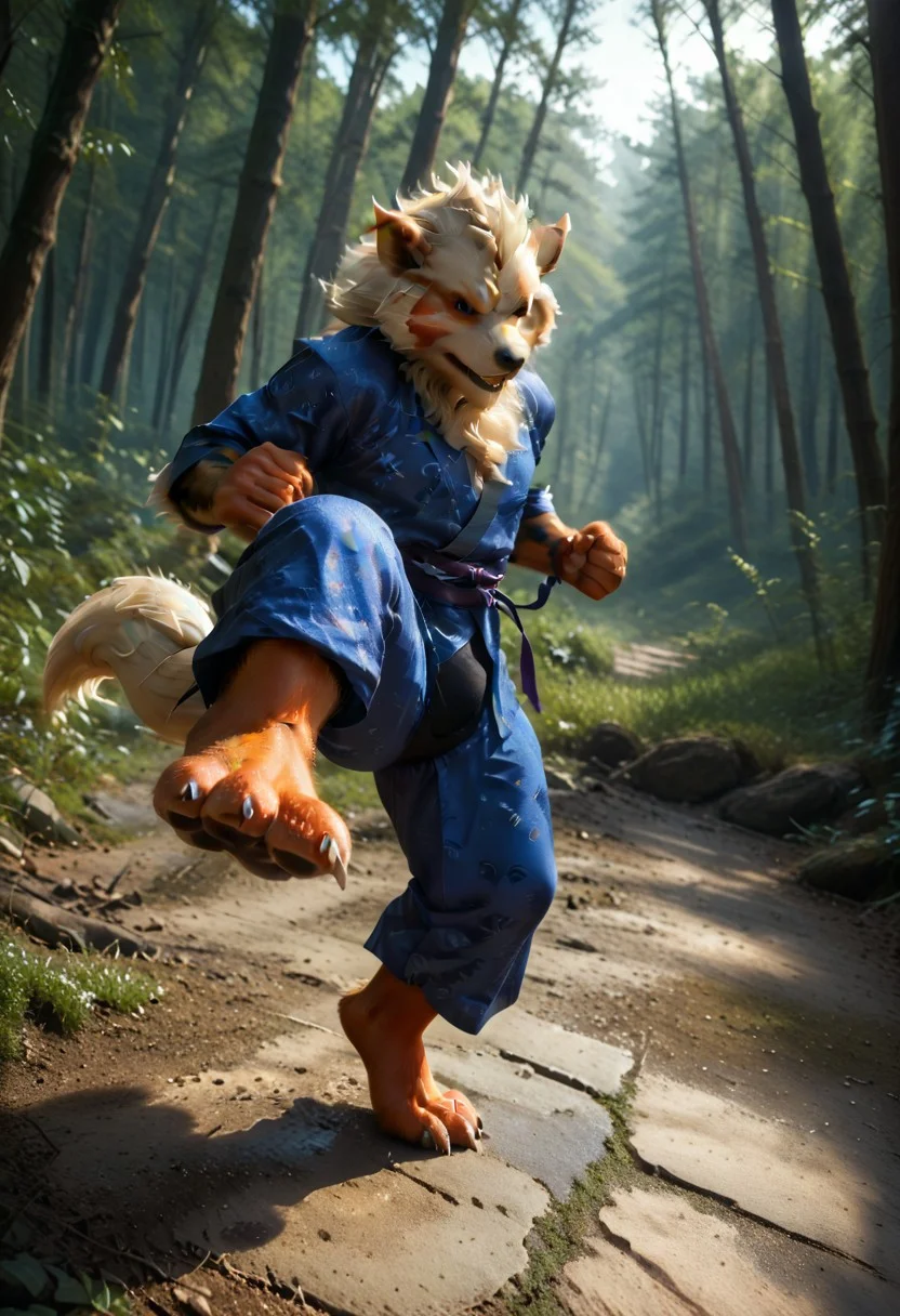 (((Barefoot furry character, full body, cinematic setting, furry male, plantigrade))) 
(((Arcanine))), ((blue kimono and pants, training kung-fu on training ground in the forest, fighting stance, dynamic pose, perform side kick)), (((nice feet paws, three toes, claws, pawpad)))
BREAK, intricate details, highly detailed, extreme detail, octane render, fine art, best quality, highres, (detailed face:1.5), ((full_body)), UHD, (((perfect hands))), low light