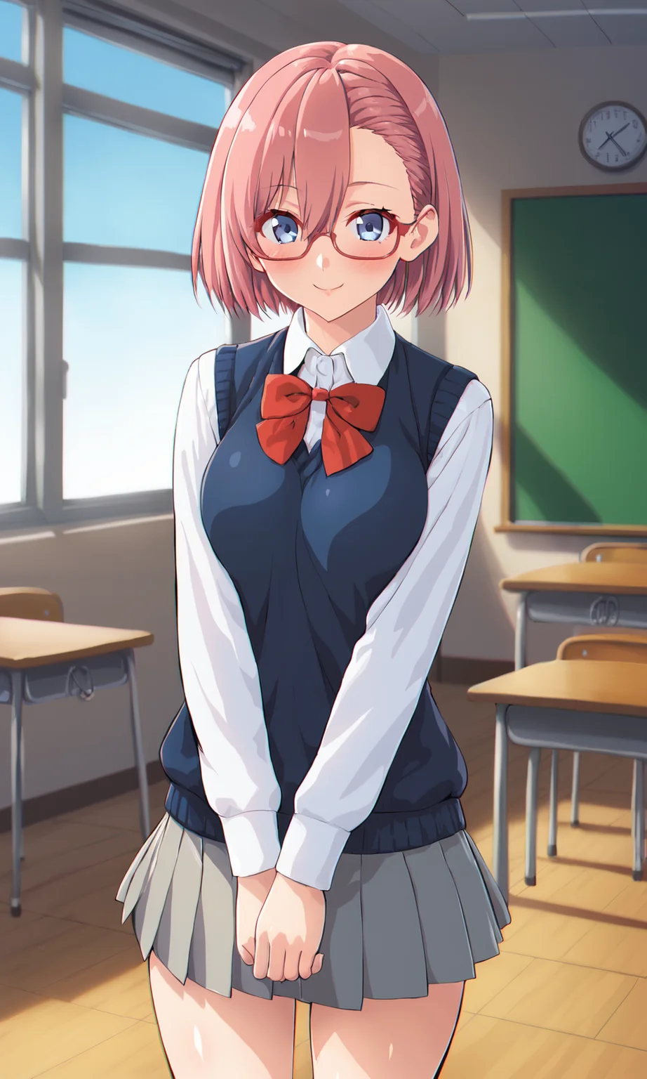 score_9, score_7_up, source_anime, dd_(ijigendd),  <lora:ririsa-ponyV1:1>, ririsa_wz, blue eyes, short hair, pink hair, glasses, breasts, hair between eyes, white shirt, long sleeves, collared shirt, pleated skirt, grey skirt, blue sweater vest, white kneehighs, asymmetrical bangs, red bowtie, school uniform, standing, cowboy shot, looking at viewer, smile, light blush, v arms, classroom, indoors, window, day, blue sky, natural light,
