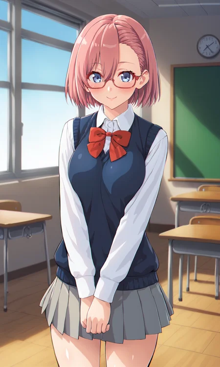 score_9, score_7_up, source_anime, dd_(ijigendd),  <lora:ririsa-ponyV1:1>, ririsa_wz, blue eyes, short hair, pink hair, glasses, breasts, hair between eyes, white shirt, long sleeves, collared shirt, pleated skirt, grey skirt, blue sweater vest, white kneehighs, asymmetrical bangs, red bowtie, school uniform, standing, cowboy shot, looking at viewer, smile, light blush, v arms, classroom, indoors, window, day, blue sky, natural light,