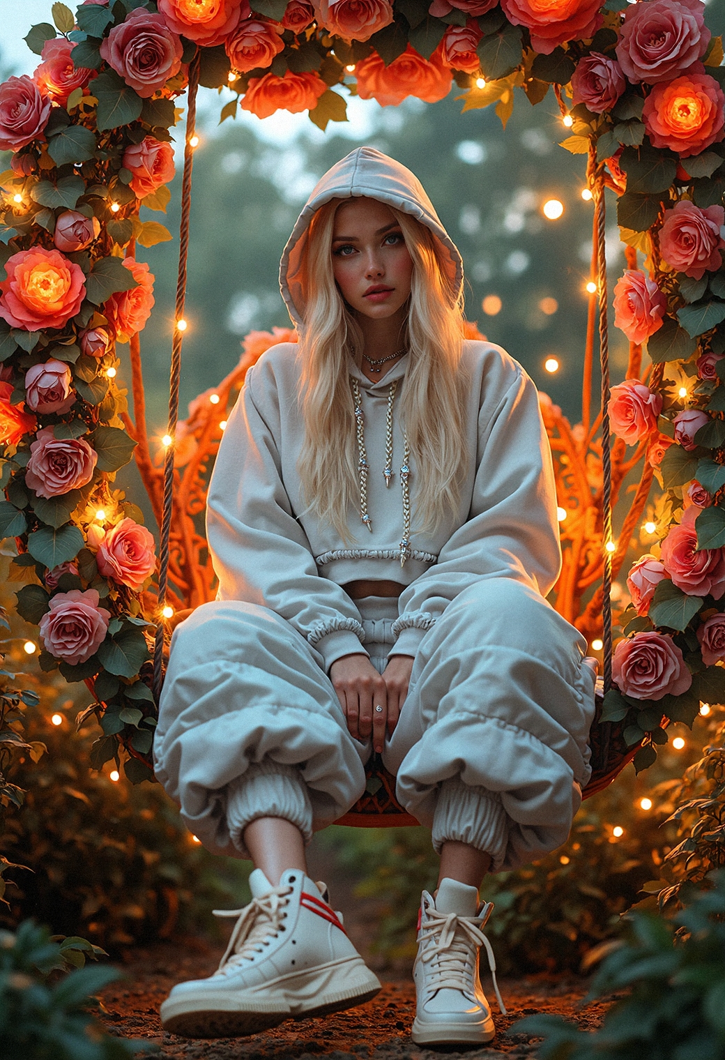 A hyper-realistic medium shot of a confident woman seated on a glowing floral swing surrounded by soft, ambient garden lighting. She wears a meticulously detailed pale gray outfit—a hooded sweatshirt with exaggerated, sculptural drawstrings and a flowing, layered design on her parachute-style pants, showcasing ruched and pleated accents. Her white high-top sneakers with muted orange accents are pristine, catching the soft glow of the surrounding fairy lights. The swing itself, with its ornate floral design and tiny embedded LEDs, creates a soft golden glow that enhances the textures of her outfit. Her platinum blonde hair falls effortlessly over her shoulders, her expression calm but commanding. The camera angle focuses on her upper body and outfit details, with a shallow depth of field blurring the illuminated floral garden in the background, creating a mystical, hyper-real aesthetic.
 <lora:realism_lora_comfy_flux_converted:0.6> <lora:MoriiMee_Gothic_Niji_Style_FLUX:0.4>