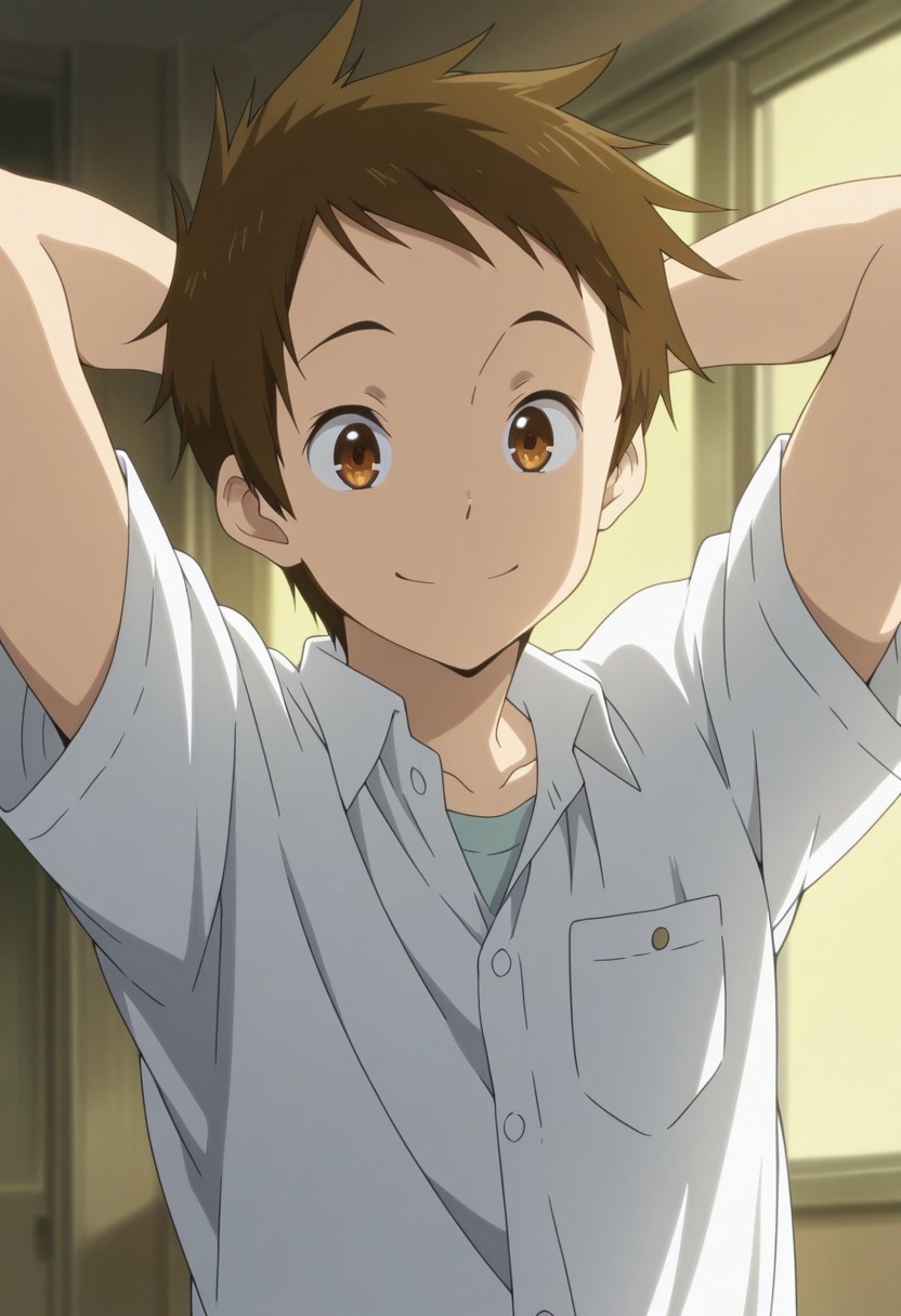 masterpiece,best quality,amazing quality, source_anime,
SatosFukube, 
1boy, male focus, solo, brown eyes, brown hair, school uniform, shirt, white shirt, collared shirt, short sleeves, smile, happy, hands behind head,