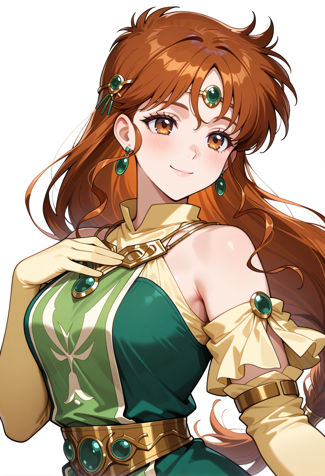 masterpiece, best quality, very aesthetic, absurdres, 1girl, solo,
<lora:srw_monica_v01:0.9>, srw_monica, brown hair, long hair, low-tied long hair, brown eyes,
circlet, earrings, jewelry, necklace, green dress, detached sleeves, yellow gloves, belt, light blush, smile, hand on own chest, upper body