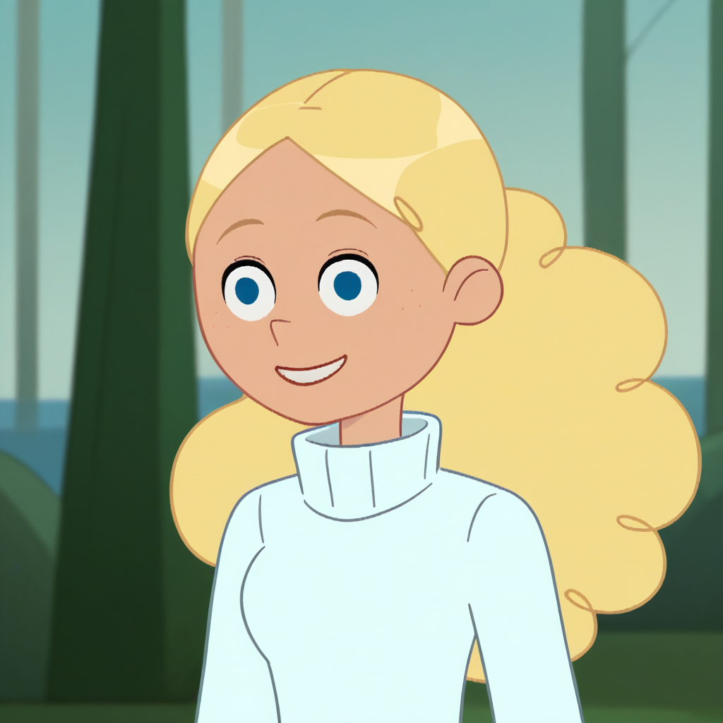 score_9_up, score_8_up, score_7_up, BREAK, Pierrette, 1girl, solo, blonde hair, long hair, blue eyes, smile, turtleneck sweater, upper body,  <lora:Pierrette_OnceUponATimeTheObjects_PXL_Leaf1:1>, outdoors, looking at viewer,