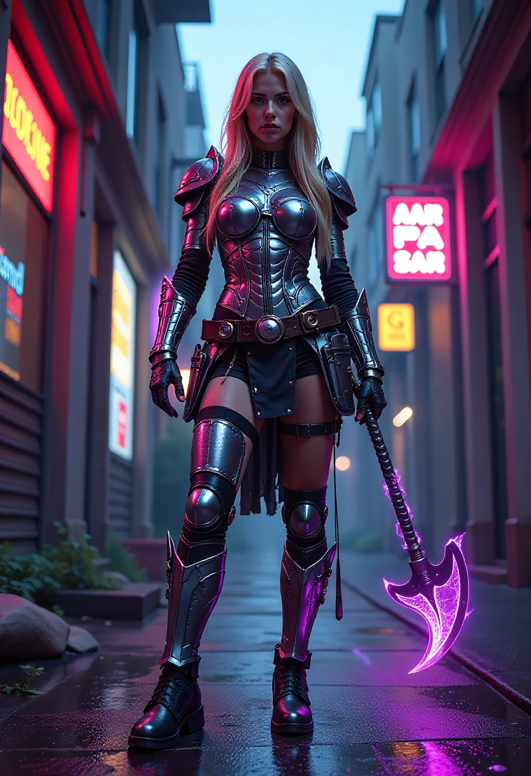 A female vikingpunk paladin in futuristic cyberpunk chrome plate armor holding a long axe, purple energy crackling around her and her armor, standing in a cyberpunk slum, apartment, her long blond he floats in the air,holographic advertisement, neon sign, cyberlegs, mad-cbrpnk-dtlr, hologram, perfection style,