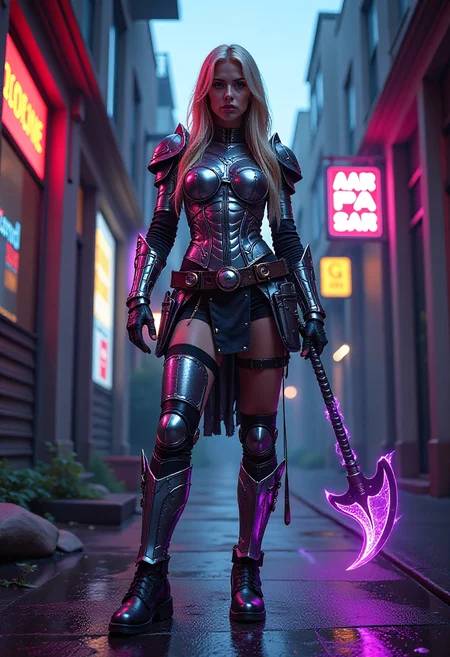 A female vikingpunk paladin in futuristic cyberpunk chrome plate armor holding a long axe, purple energy crackling around her and her armor, standing in a cyberpunk slum, apartment, her long blond he floats in the air,holographic advertisement, neon sign, cyberlegs, mad-cbrpnk-dtlr, hologram, perfection style,