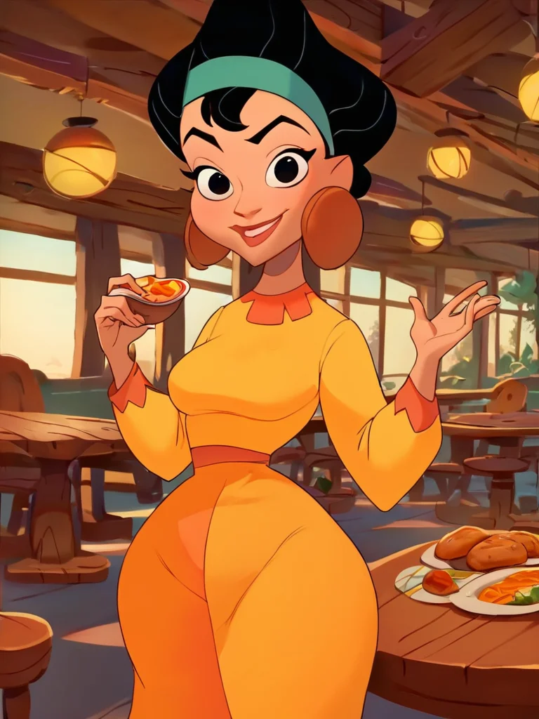 score_9, score_8_up, score_7_up, score_6_up, 1girl, holding a food dish, holding with both hands, sexually suggestive, very happy, black eyes, short hair, hairband, jewelry, yellow dress, orange long skirt, long sleeves, medium breasts, narrow waist, looking at viewer, thick thighs, cowboy shot, dynamic pose, cute, wide shot, solo, smilf, restaurant, cartoon, disney style,
<lora:ChichaXLP_character:1> ChichaXLP,