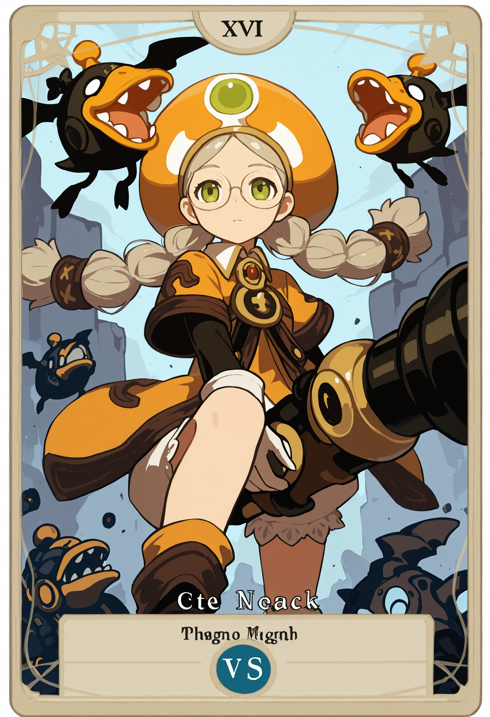 tarot card, AcadDN01,  1girl, holding cannon, Mecha Duck, orange hat, twin braids, with text 'Academic' <lora:academic_dragonnest:1> <lora:Crowley_Thoth_Concept:1>