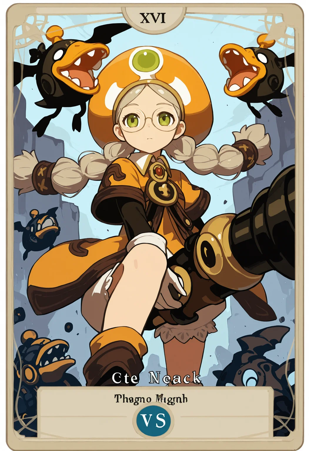 tarot card, AcadDN01, 1girl, holding cannon, Mecha Duck, orange hat, twin braids, with text 'Academic' <lora:academic_dragonnest:1> <lora:Crowley_Thoth_Concept:1>