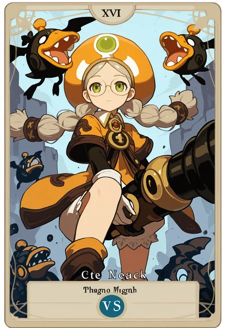 tarot card, AcadDN01, 1girl, holding cannon, Mecha Duck, orange hat, twin braids, with text 'Academic' <lora:academic_dragonnest:1> <lora:Crowley_Thoth_Concept:1>