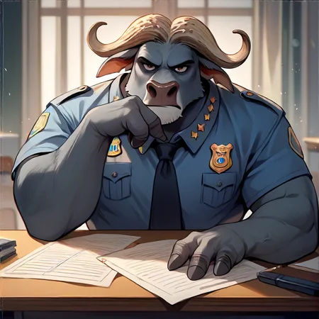 score_9, score_8_up, score_7_up, <lora:Bogo:0.9> bogo, buffalo, 1boy, solo, police uniform, sitting at desk