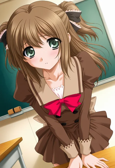masterpiece,best quality,amazing quality, 1girl, c lip, long hair, brown hair, green eyes, hair ribbon, two side up, brown dress, red bowtie, beige bow, juliet sleeves, long sleeves, looking at viewer, indoors, chalkboard, school desk, dutch angle, collarbone, <lora:Sweet_Lip_ILLUS_c-000008:1>,