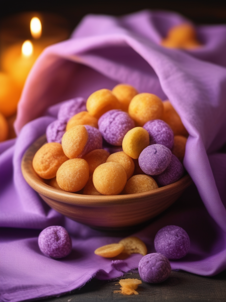 A close-up shot of a bowl or bag full of delicious Hangiball, a popular snack. The Hangiball have a smooth surface that is free of cracks or irregular bumps. They are piled high in their container, with some pieces spilling over the edge, adding a sense of abundance. The scene is set in a casual dining environment, with blurred background elements that suggest a relaxed, everyday setting. The lighting should be warm and inviting, highlighting the appetizing qualities of the Hangiball and the cozy atmosphere of the setting,Purple.tawny, <lora:hanjiball:0.7>