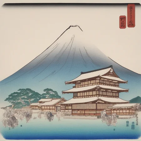 ukiyo, a building with a mountain in the background