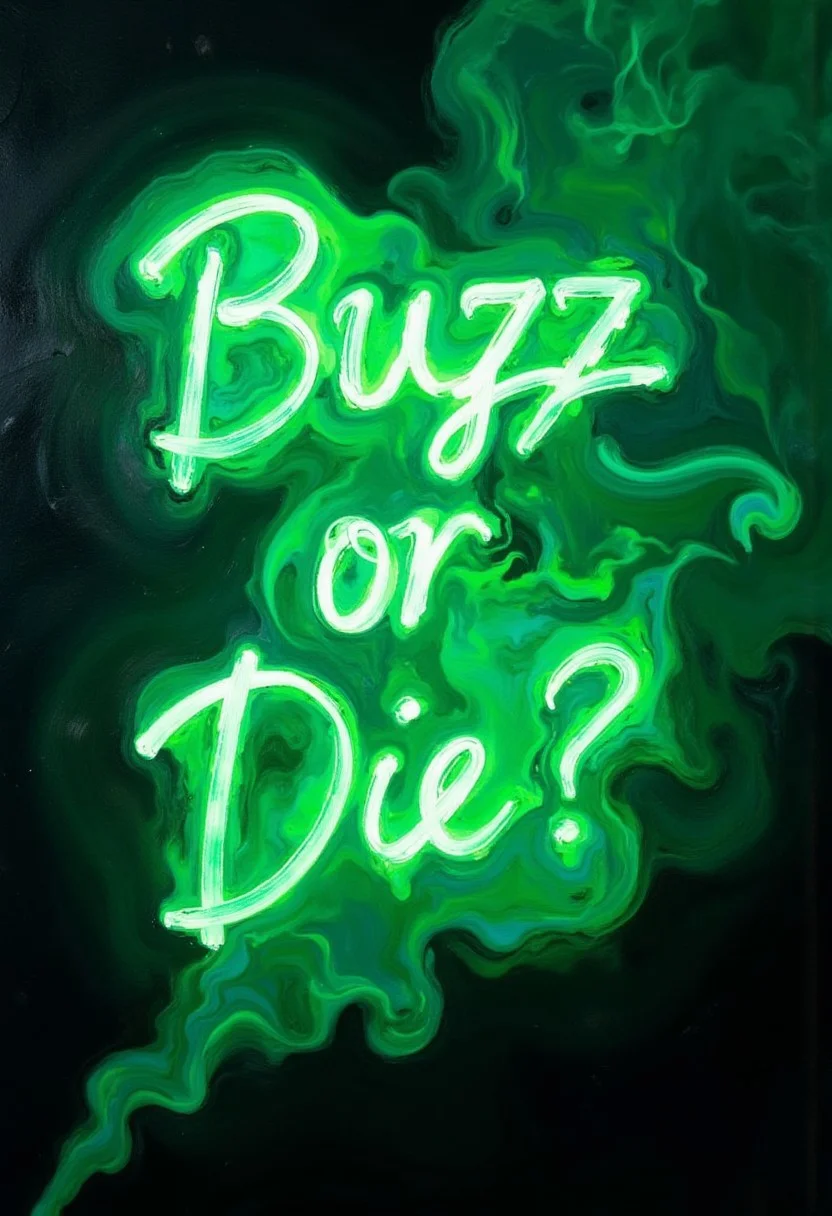 A painting of a phrase comprised of green neon smoke, which reads in attractive artisanal cursive, "Buzz or Die?"